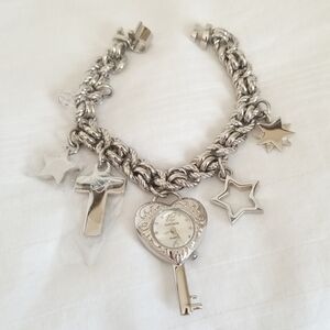 New Dufonte Quartz Silver Charm Bracelet Watch Cross Key Heart Star